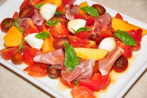 Tomato, prosciutto and peach salad with Vino Cotto dressing
