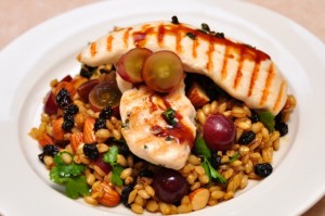 Char-grill Chicken and Barley Salad with VinCotto Rasins, Grapes and Almonds Char-grill Chicken and Barley Salad with VinCotto Rasins, Grapes and Almonds